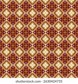 Geometric fabric patterns are arranged in a repeating grid of diamond shapes. Each diamond has a delicate design, consisting of red, orange and beige, creating a sense of depth and movement.