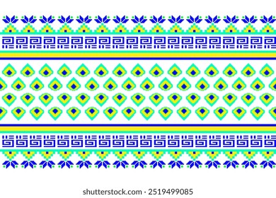 Geometric fabric print in blue and green with peacock, traditional patterns, ancient design, vibrant peacock theme and floral woven fabric. Featuring intricate Kanok and Kruea Thao motifs design.