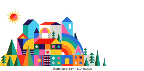 Geometric fairy tale kingdom, knight castle, children room, class wall decoration. Colorful vector illustration