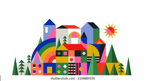 Geometric fairy tale kingdom, knight castle, children room, class wall decoration. Colorful vector illustration