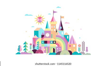 Geometric fairy tale kingdom, knight and princess magic castle, children room, class wall decoration. Colorful vector illustration