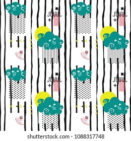 geometric Fantasy cloud cute illustration - card and shirt design, vector, seamless pattern