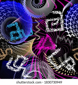 Fantasía geométrica, colorido patrón sin costuras. Fondo del vector de brillo abstracto ornamental. Repetir el fondo futurista. Símbolos griegos de garabatos. Zig líneas de zag, espiral, formas, puntos.