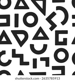 Geometric features seamless pattern of bold in black shapes on white background. Wallpaper design includes triangles, circles, squares, and abstract forms arranged in a playful and modern layout. 