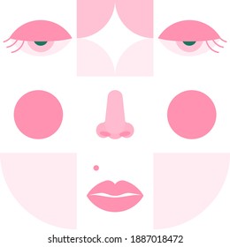 Geometric female face.Girl face with nose, lips piercing. Neo geo style illustration. Modern pattern with eye, nose and lips. Vector illustration