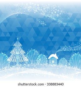 geometric festive background, sparkling forest landscape with Christmas tree and small hut, vector