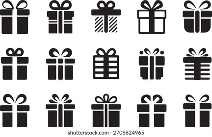 Conjunto de iconos de caja de regalo geométrica y festiva en blanco y negro
