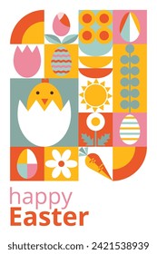 Postal festiva geométrica para Feliz Pascua con tipografía. Diseño moderno con formas sencillas. Iconos con huevos, conejito, flores, anidamiento. Estilo Bauhaus. Plantilla para tarjeta, cartel, promoción, banner