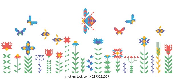 Campo geométrico de flores y mariposas. Banner horizontal con floral sobre fondo blanco. Flores florecientes, hojas y borde de insectos. Esbozo botánico de primavera o verano, ilustración vectorial plana