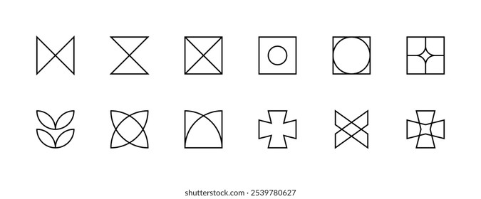 Geometric figure and abstract shapes collection. Graphic elements, different shapes and symbol. Editable stroke. Pixel Perfect. Grid base 32px.