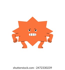 Geometric figure clenched fists in rage. Furious character of shape with emotions, facial expression of anger. Angry, annoyed, irritated polygon. Flat isolated vector illustration on white background