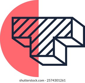 Geometric figure creating an impossible object with diagonal lines and a red circle, forming an optical illusion that challenges perception and spatial reasoning