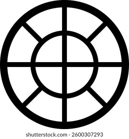 Geometric figure depicting a circle divided into eight equal segments by intersecting lines at the center, embodying concepts of division and abstract design