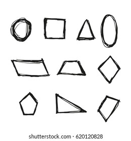 Geometric figure hand drawn oval, circle, square, triangle, parallelogram, trapezoid, rhombus, pentagon,