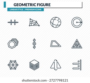geometric figure icons set - vertical alignment, distort, sphere, triangle of triangles, right alignment outline vector collection.