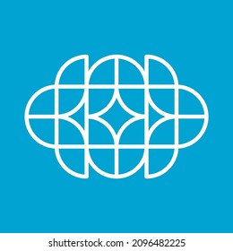 Geometric figure made of circle and square shaped elements. Modern logo design. White icon on blue background. Branding logotype for corporate style