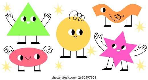 Geometric figure mascots set isolated on white background. Flat vector illustration of cute triangle, oval, circle, star, line characters with smiling faces, legs and arms, early education symbols
