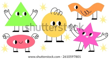 Geometric figure mascots set isolated on white background. Flat vector illustration of cute triangle, oval, circle, star, line characters with smiling faces, legs and arms, early education symbols