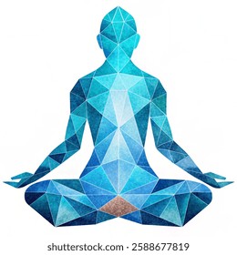 A geometric figure of a meditating person depicted in shades of blue, emphasizing tranquility and focus. illustration on white background