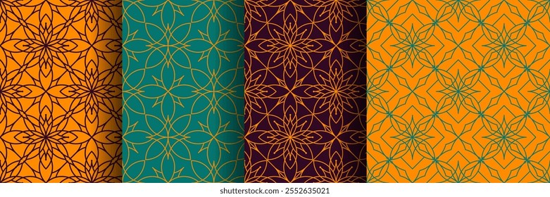geometric figure ornament line mosaic flower tile seamless pattern set. design wallpaper wall background