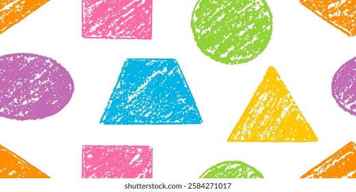 Geometric figure pattern. Color pastel seamless texture. Kid brush shape background. Crayon circle square triangle paint print. Pencil doodle abstract graphic bg. Fun geometric shape seamless pattern