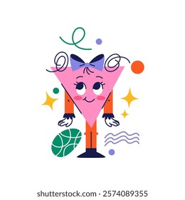 Geometric figure personage with bow ribbon and cute facial expression. Isolated mascot girl with smile and eyes. Vector cartoon character, sticker or emoji, female creature in shape of triangle