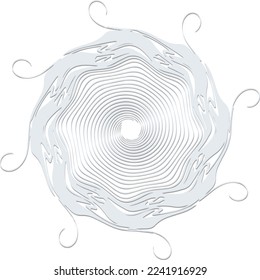 Geometric figure, with shadow and reflections, imitation of metal. Gray, wavy rays from the center, ponytails along the edge, symmetrical, round, transparent without background
