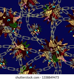 geometric figures with abstract flowers and chains on a dark blue color