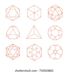 Geometric figures. Archimedes' shapes. Collection of thin black icons, fashionable logos. Elements of linear design. Geometric icon, label, monogram, hexagons, triangles, squares. Vector.