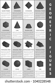 Geometric figures in black, vector illustration, blunted cone, dodecahedron and icosahedron, triangular and pentagrammic prism, sphere and octahedron