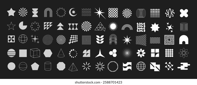 Geometric figures in brutalist style. Set of bauhaus shapes. Abstract minimlistic bold and line forms. Futuristic elements isolated on background. Vector illustration.