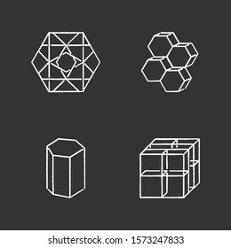 Geometric figures chalk icons set. Hexagon with ornate curves. Dimensional six corner combs. Prism model. Cube with grid. Abstract shapes. Isometric forms. Isolated vector chalkboard illustrations