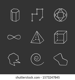 Geometric figures chalk icons set. Prism model. Connected lines. Complex striped circle. Eternity sign. Pyramid, cube. Round abstract shapes. Isometric forms. Isolated vector chalkboard illustrations