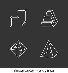 Geometric figures chalk icons set. Connected lines with points. Stock of dimensional blocks. Pile of bricks. Double pyramid. Abstract shapes. Isometric forms. Isolated vector chalkboard illustrations