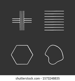 Geometric figures chalk icons set. Crossed stripes. Black ink strokes. Parallel lines. Flat solid hexagon. Filled fluid abstract shape. Isometric forms. Isolated vector chalkboard illustrations
