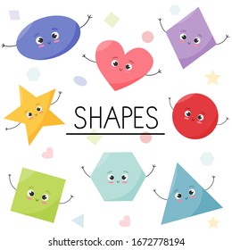 Geometric figures characters for children learning. Set of vector illustrations.