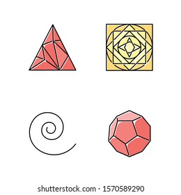 Geometric figures color icons set. Polygonal triangle. Solid square with circle ornament. Swirls, curved stokes. Abstract shapes. Filled dodecahedron. Isometric forms. Isolated vector illustrations