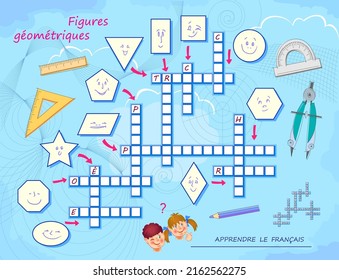 GEOMETRIC FIGURES. Crossword puzzle game with pictures. LEARN FRENCH. Educational page for children to study French language and words. Worksheet for kids textbook. School exercise book. Vector image