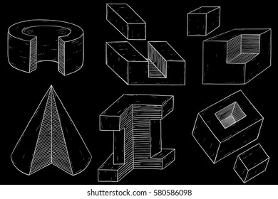Geometric figures. Cube and cone shapes. Hand drawn sketch. Vector illustration on black background