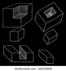 Geometric figures. Cube shapes. Hand drawn sketch. Vector illustration on black background
