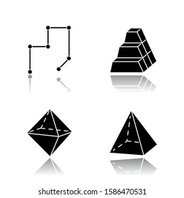 Geometric figures drop shadow black glyph icons set. Connected lines. Stock of dimensional blocks. Pile of bricks. Double pyramid. Abstract shapes. Isometric forms. Isolated vector illustrations