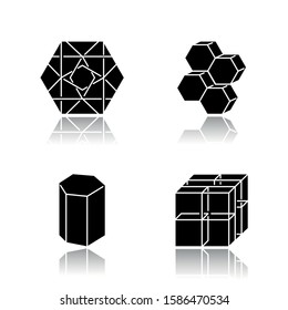 Geometric figures drop shadow black glyph icons set. Flat hexagon with curves. Dimensional combs. Prism solid model. Cube with grid. Abstract shapes. Isometric forms. Isolated vector illustrations