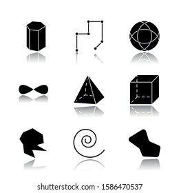 Geometric figures drop shadow black glyph icons set. Prism model. Connected lines. Striped circle. Eternity sign. Pyramid, cube. Round abstract shapes. Isometric forms. Isolated vector illustrations
