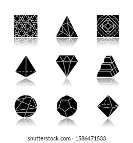 Geometric figures drop shadow black glyph icons set. Abstract shapes. Isometric forms. Geometric ornament. Polygonal triangle. Prism model, pyramid. Square. Lined circle. Isolated vector illustrations