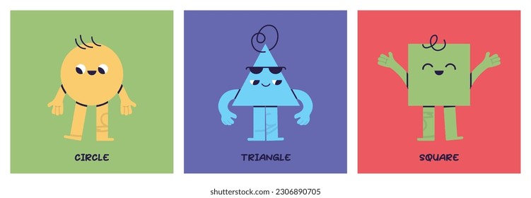 Geometric figures with face emotions and different shapes, hand drawn trendy cute funny characters various bright basic flat vector illustration.
