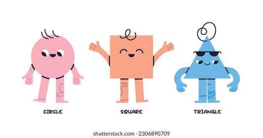 Geometric figures with face emotions and different shapes, hand drawn trendy cute funny characters various bright basic flat vector illustration.