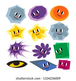 Geometric Figures with Faces, cartoon Smile Shapes. Set of Vector Illustrations. Circle, Oval, Hexagon, Rectangle, Star, Flower, Rhombus. Funny Illustration on Isolated Background. Symbols Icon design