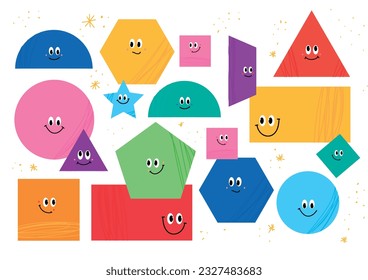 Geometric figures with faces: circle, triangle, square, star... . Children drawing and vector illustration. White background with stars