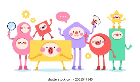 Geometric figures faces. Different simple shapes group, funny kids design, cute emotional characters, trendy cartoon heroes with hands, feet and funny faces, vector cartoon isolated concept