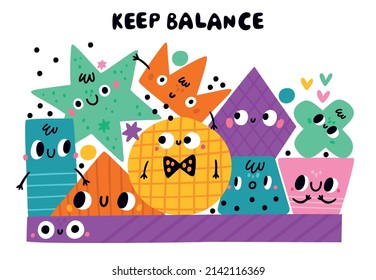 Geometric figures faces. Funny balancing shapes group. Cartoon basic characters. Colorful objects with happy smiles. Abstract forms composition. Doodle polygons and